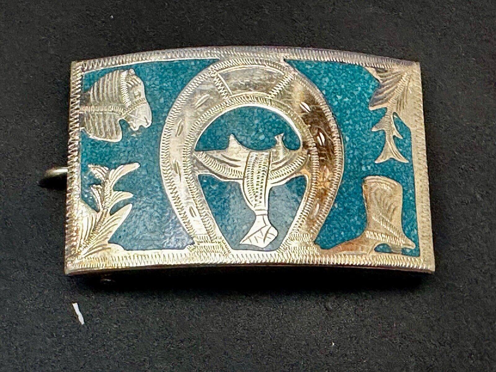 Turquoise Inlaid  Western Horse Cowboy Horseshoe Belt Buckle Stamped Alpaca
