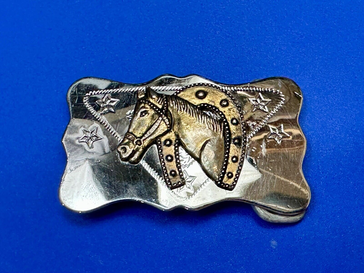 Vintage Horse head through horseshoe on reflective two tone belt buckle