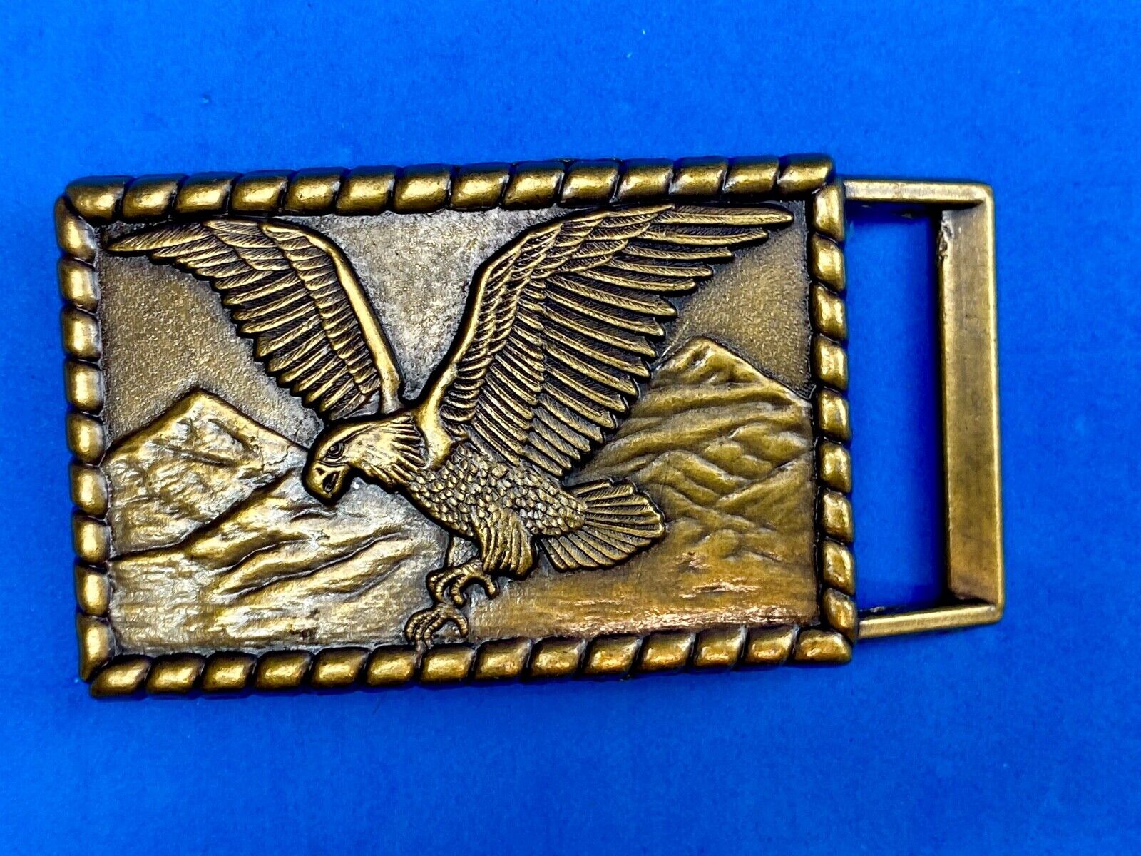 Vintage flying, hunting, fishing American eagle belt buckle with western boarder