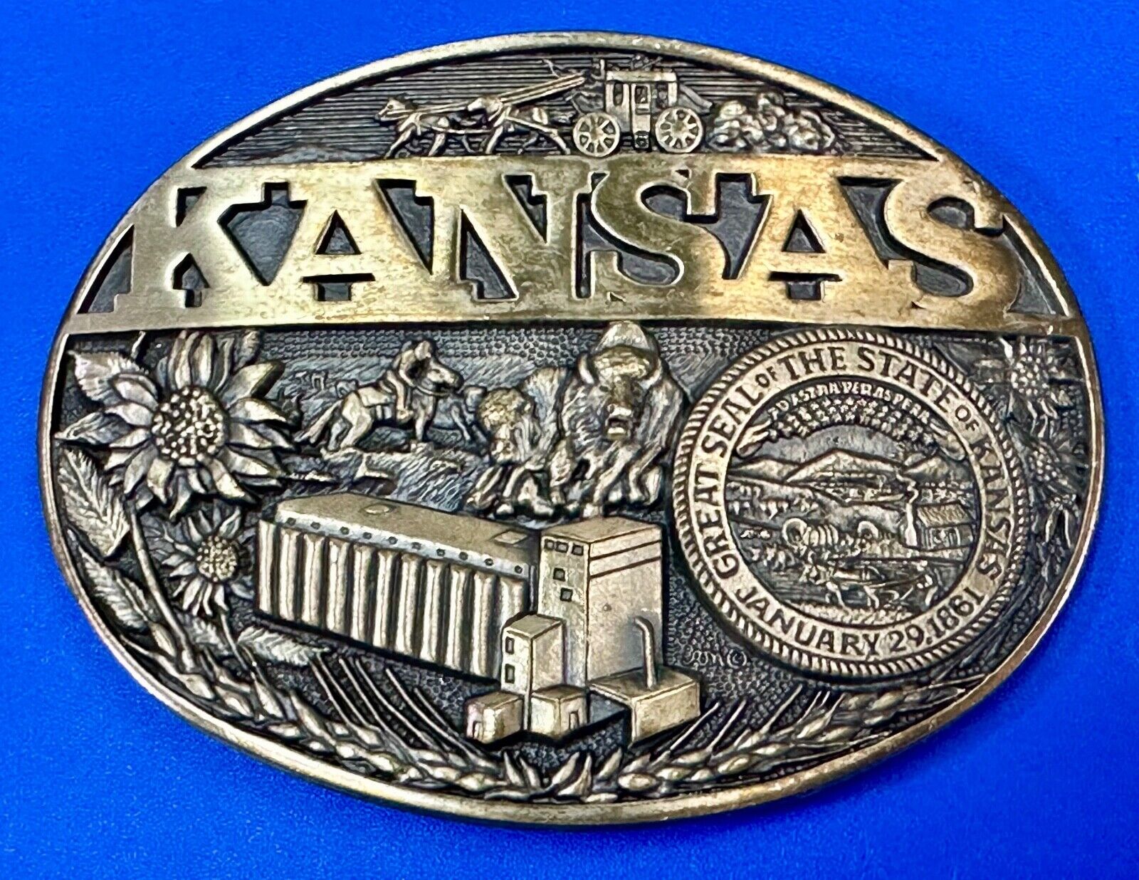 The Great State of Kansas Vintage Solid Brass ADM Belt Buckle