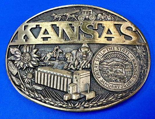 The Great State of Kansas Vintage Solid Brass ADM Belt Buckle