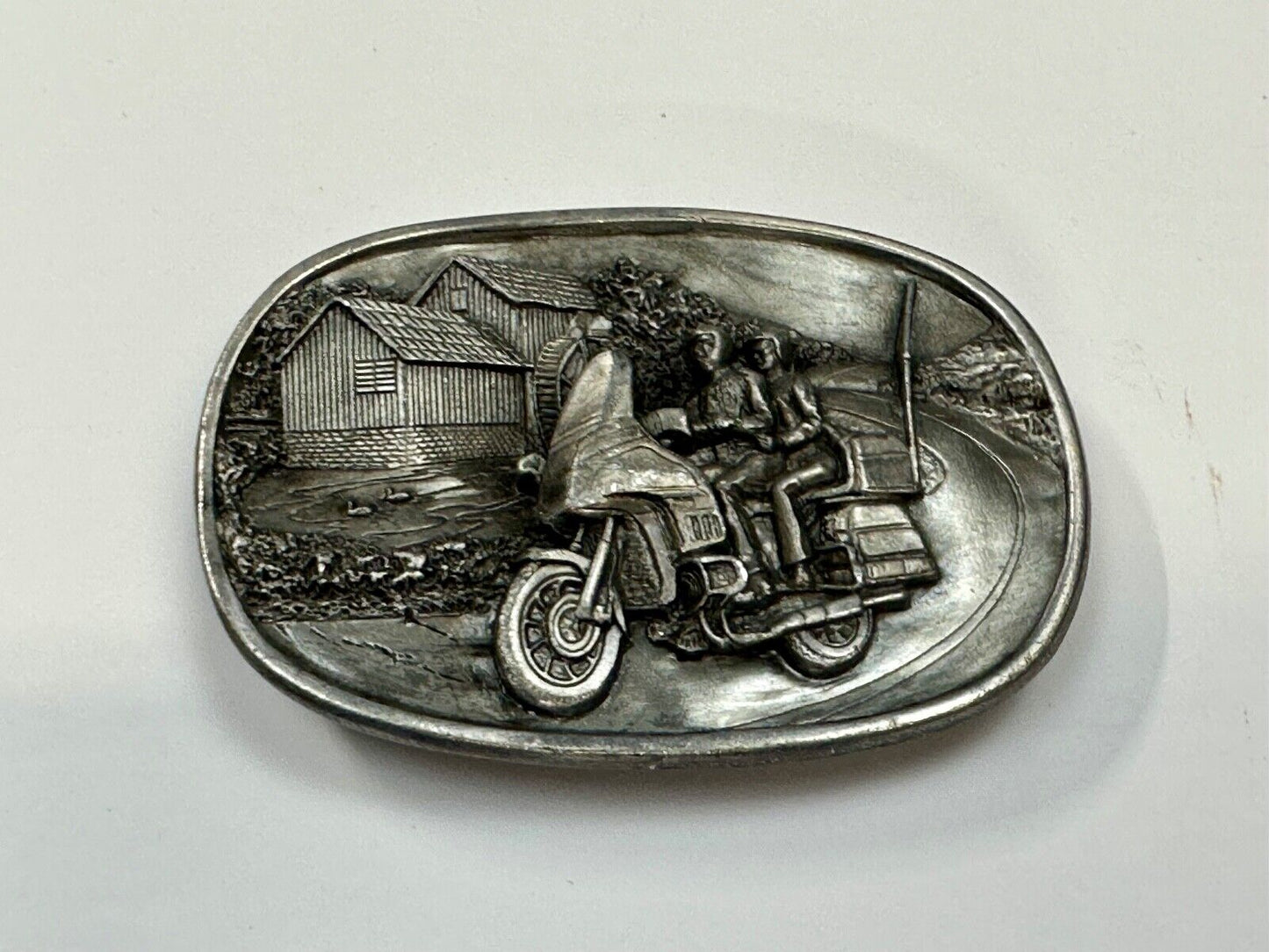 Biker Couple riding on Motorcycle  Vintage 1984 Bergamot belt buckle  L-49 1