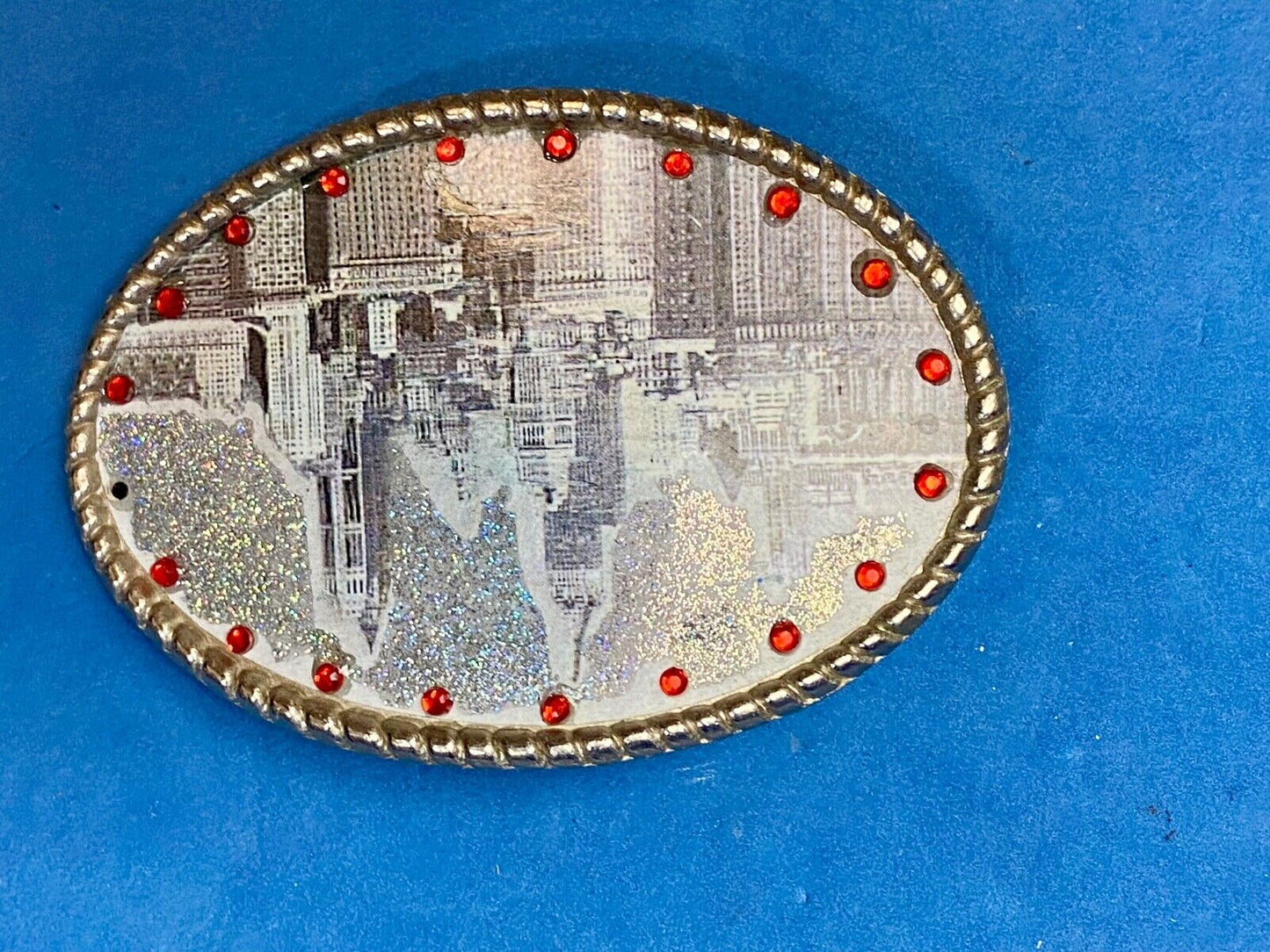 Black & White Cityscape Red Rhinestones Oval belt buckle