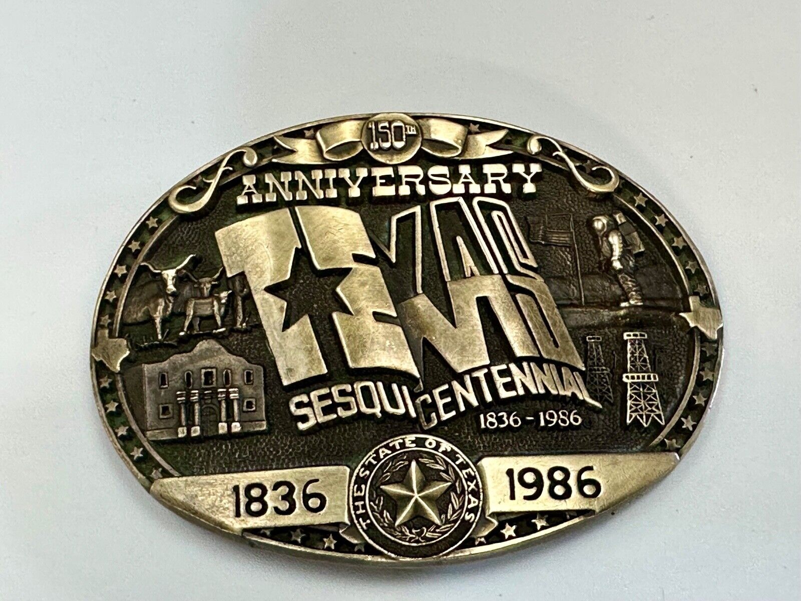 Texas Sesquicentennial 150 year celebration solid brass ADM belt buckle