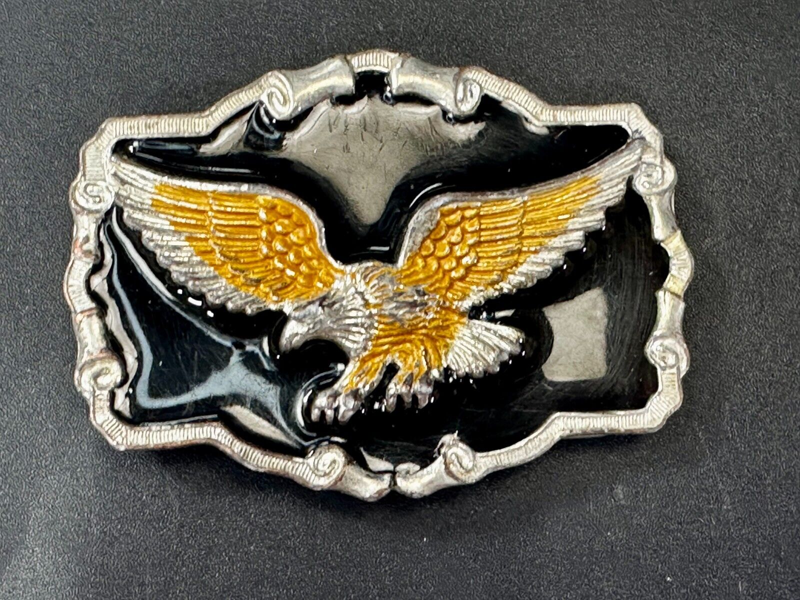 American Flying Bald Eagle Black & Gold Enamel Western Style Belt Buckle