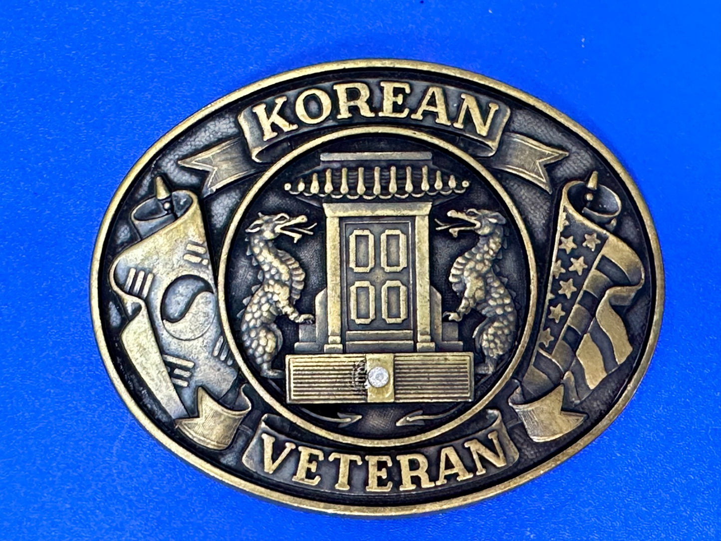 American Korean War Veteran WW II Soldier Commemorative Brass Tone Belt Buckle