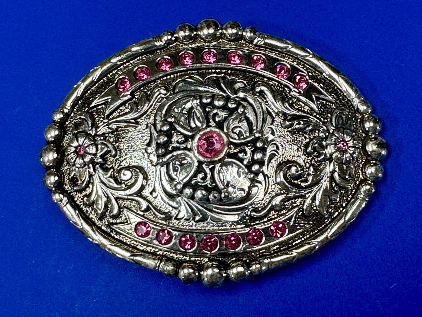 Authentic Silver plated pewter belt buckle with cowgirls girly pink rhinestones!