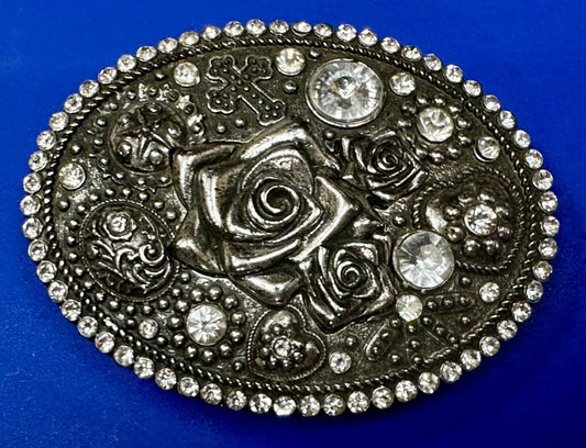 Unique Rose Flower With Rhinestone Accents And Boarder Beautiful Belt Buckle