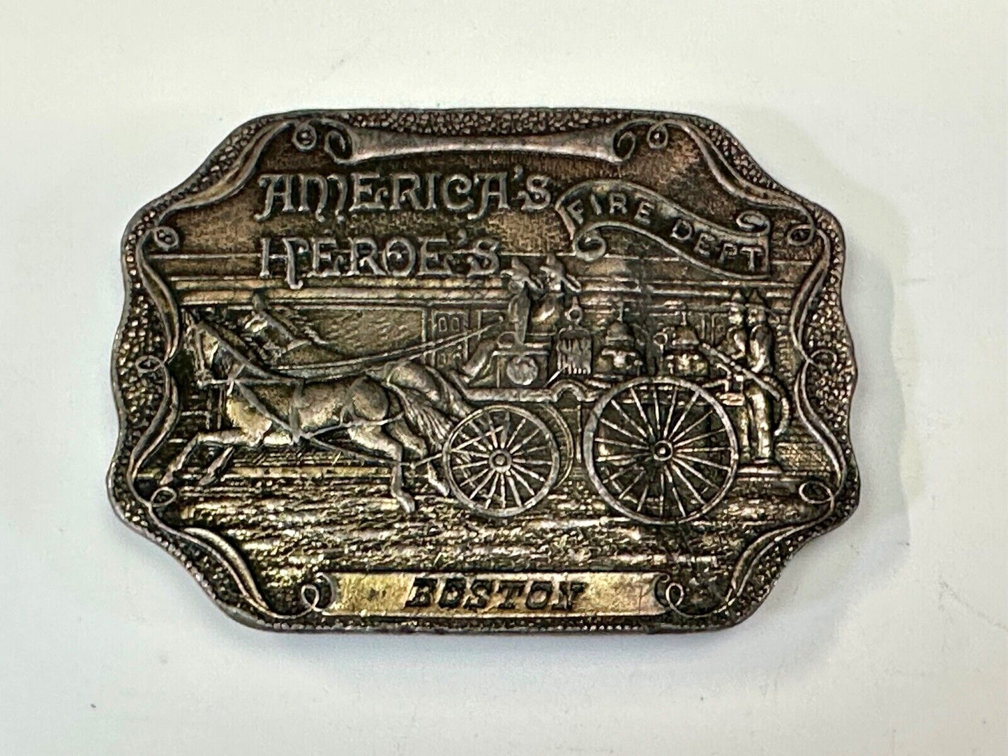 America's Heroes Fire Dept Boston Brass Tone Belt Buckle Horse Wagon