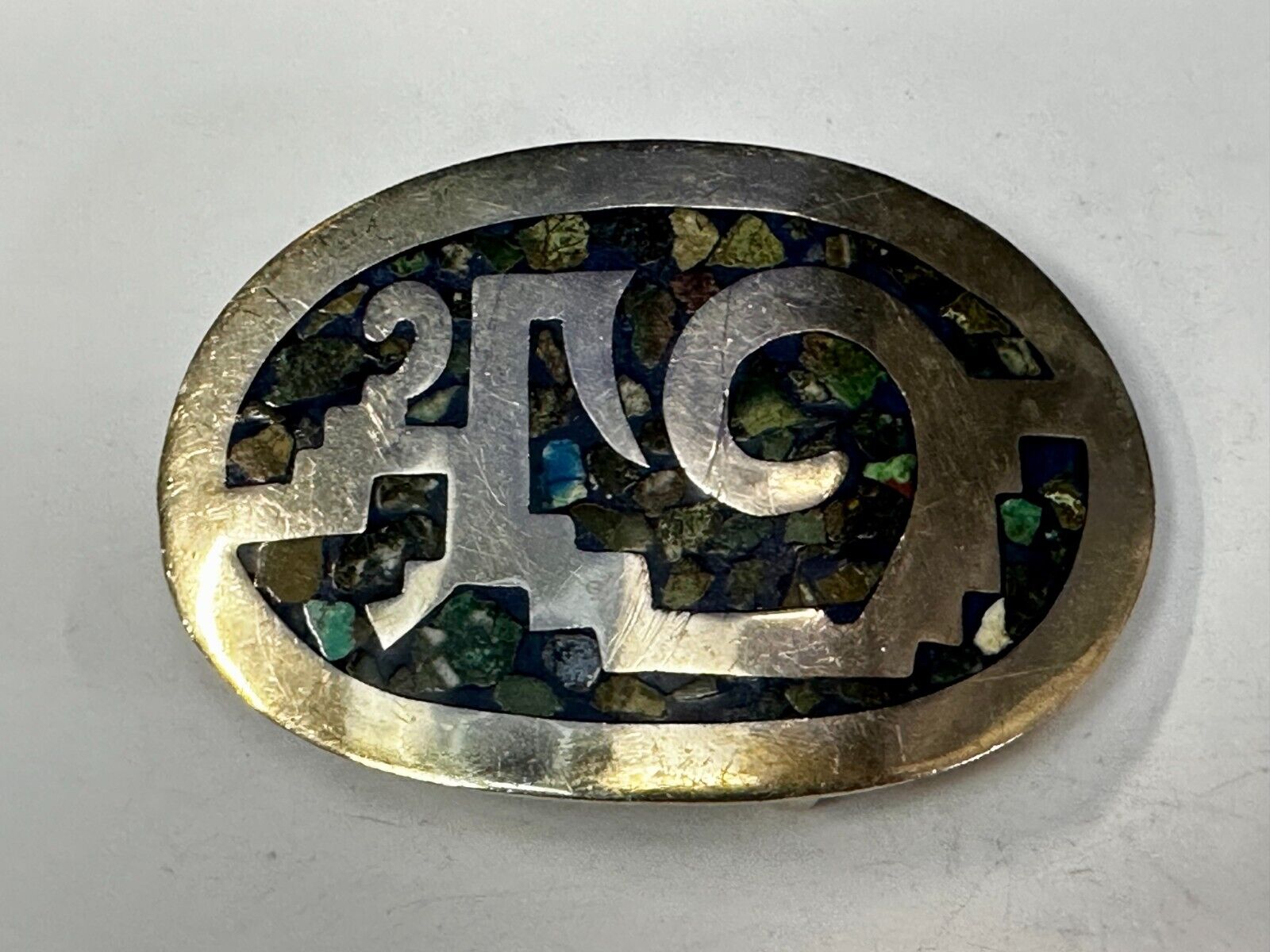 Vintage Inlaid Abalone Shell AZTEC MAYAN Theme Mexico Made? Belt Buckle