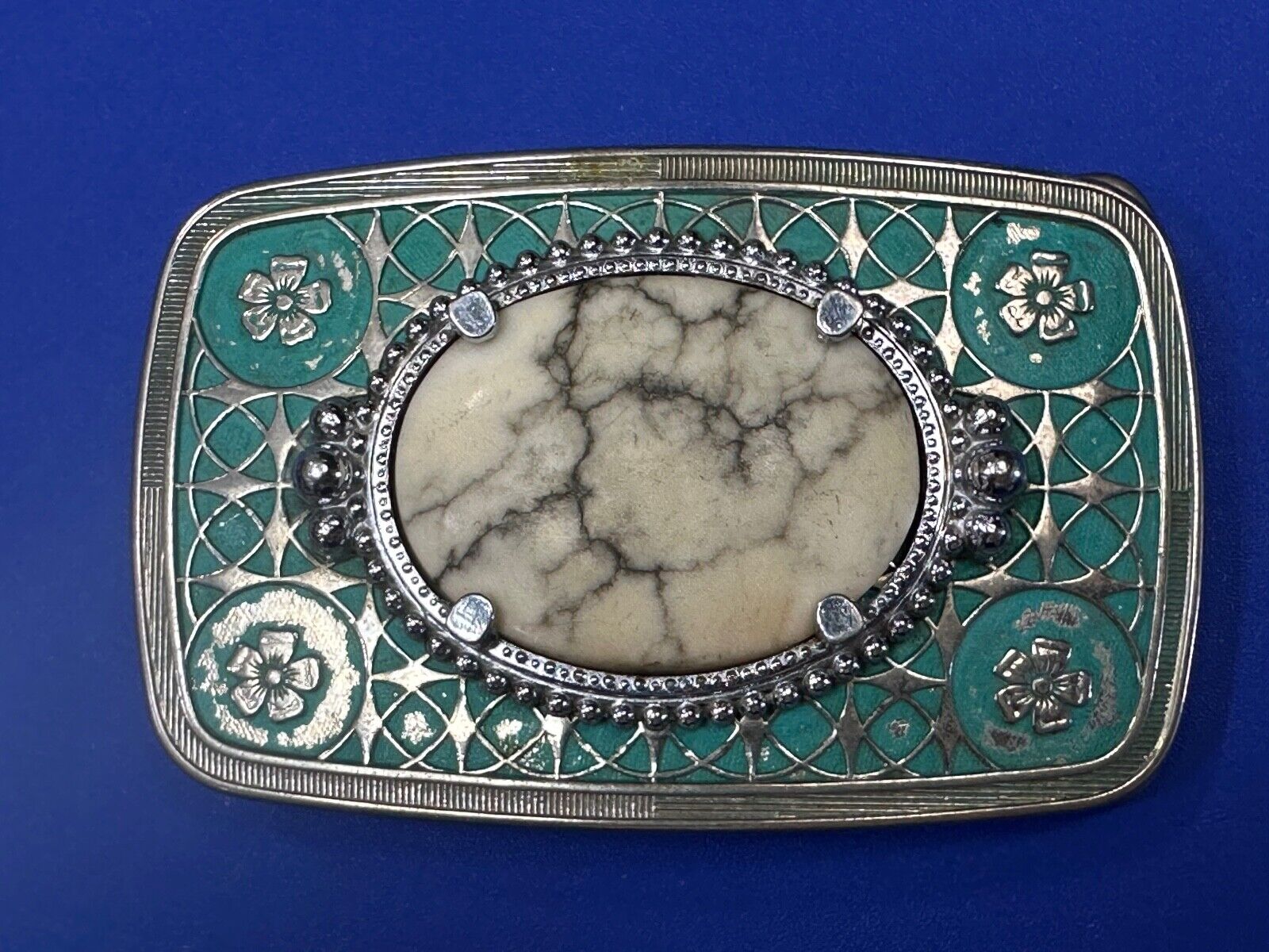 vintage Magnesite cabochon cab stone centerpiece on western belt buckle