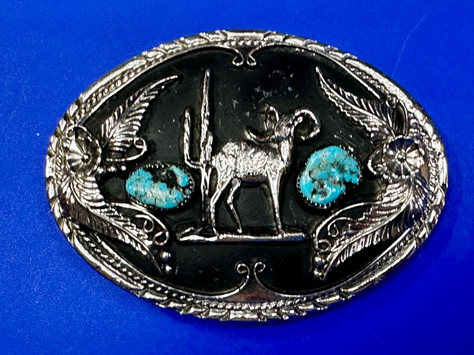 Bighorn Sheep Ram Mountain Goat Turquoise Stone Flower Leaf Western Belt Buckle