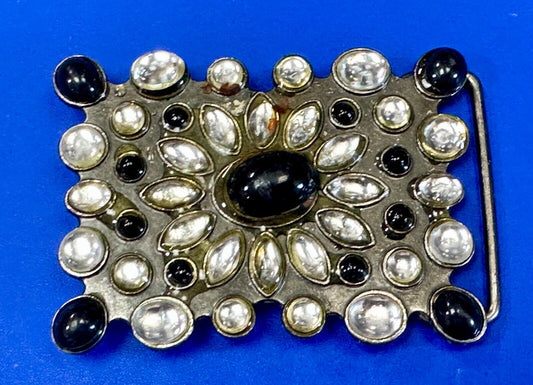 Vintage black and white rhinestone / silver tone belt buckle