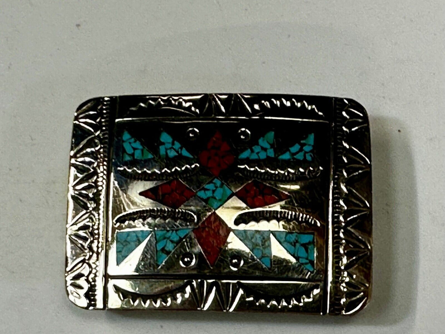Turquoise & Coral Navajo / Native American Style Artisan 2" Belt Buckle