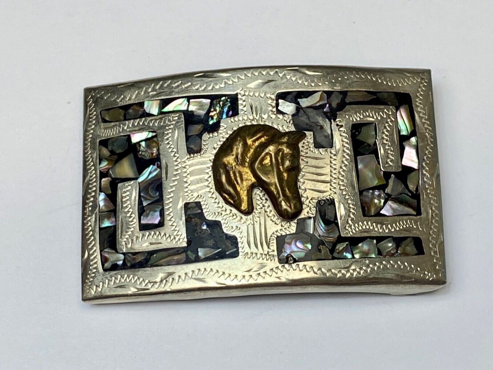 Vintage horse head on abalone shell inlay artist stamped western belt buckle