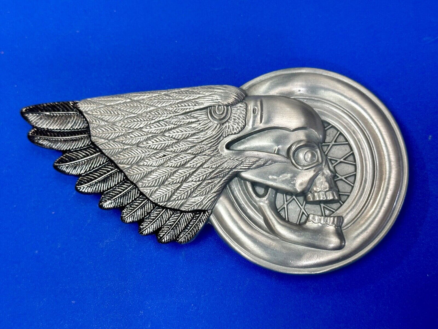 Bikers Skull with Eagle Wing and Motorcycle Wheel figural belt buckle