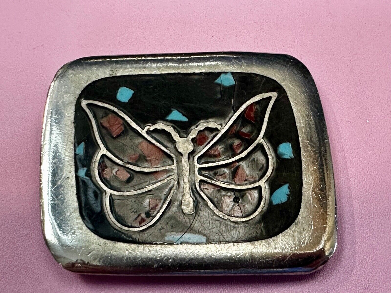 Artisan Butterfly in resin with Turquoise and coral colored chips Belt Buckle