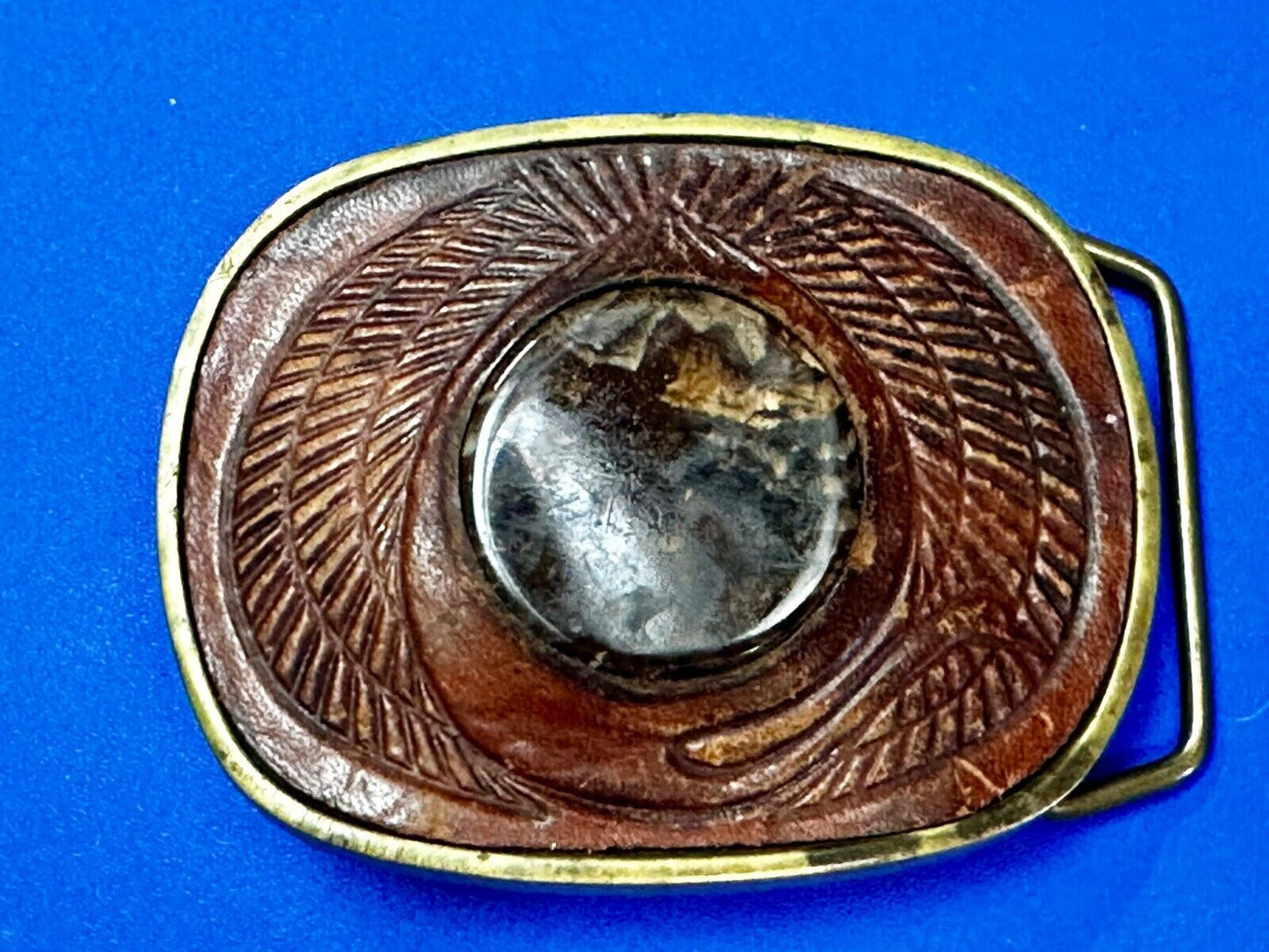 Unique Leather and Solid Brass Round Centerpiece Vintage Belt Buckle by Baron