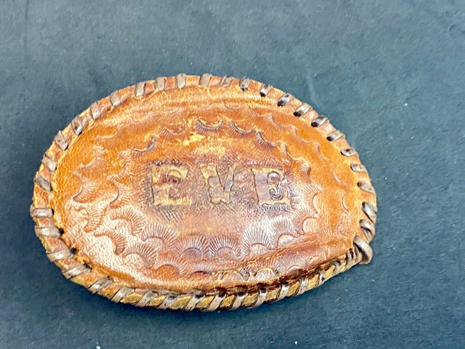Vintage Leather stitched artisan? Name EVE personalized western belt buckle 