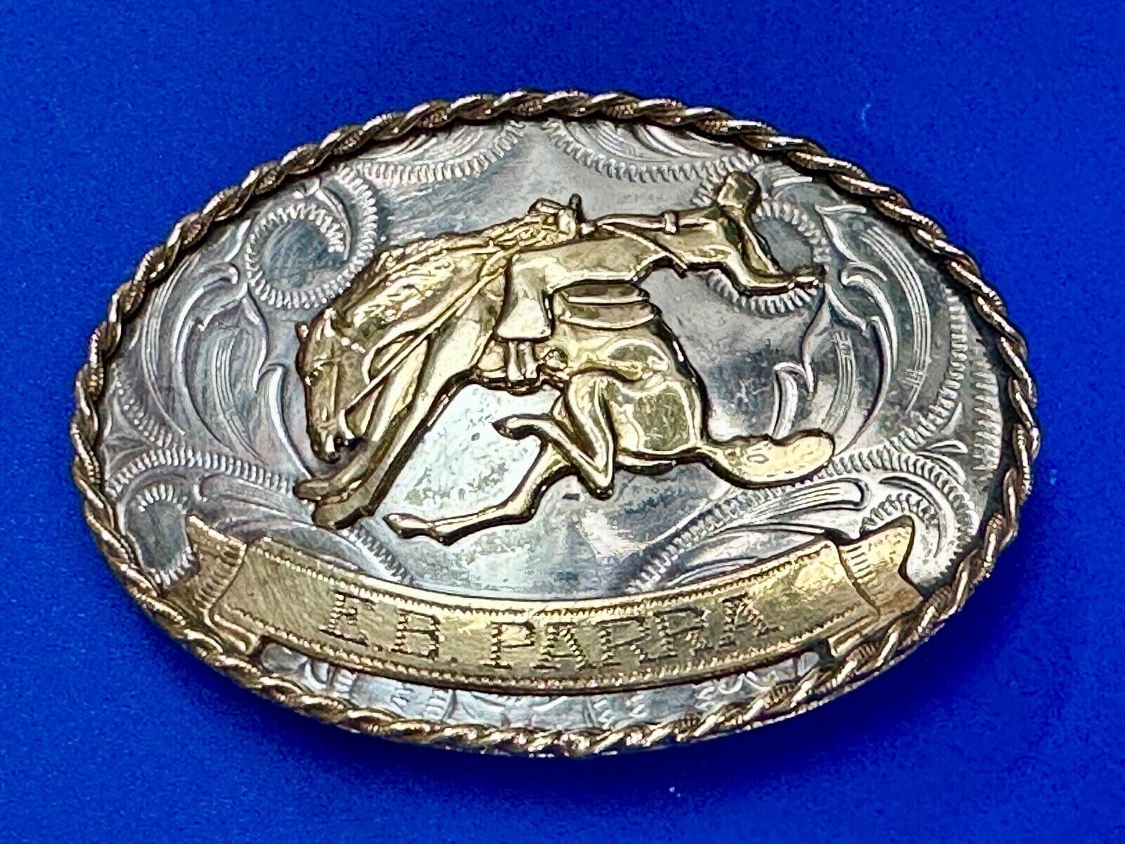 Vintage German Silver Bucking Saddle Bronc Western Cowboy Engraved belt buckle