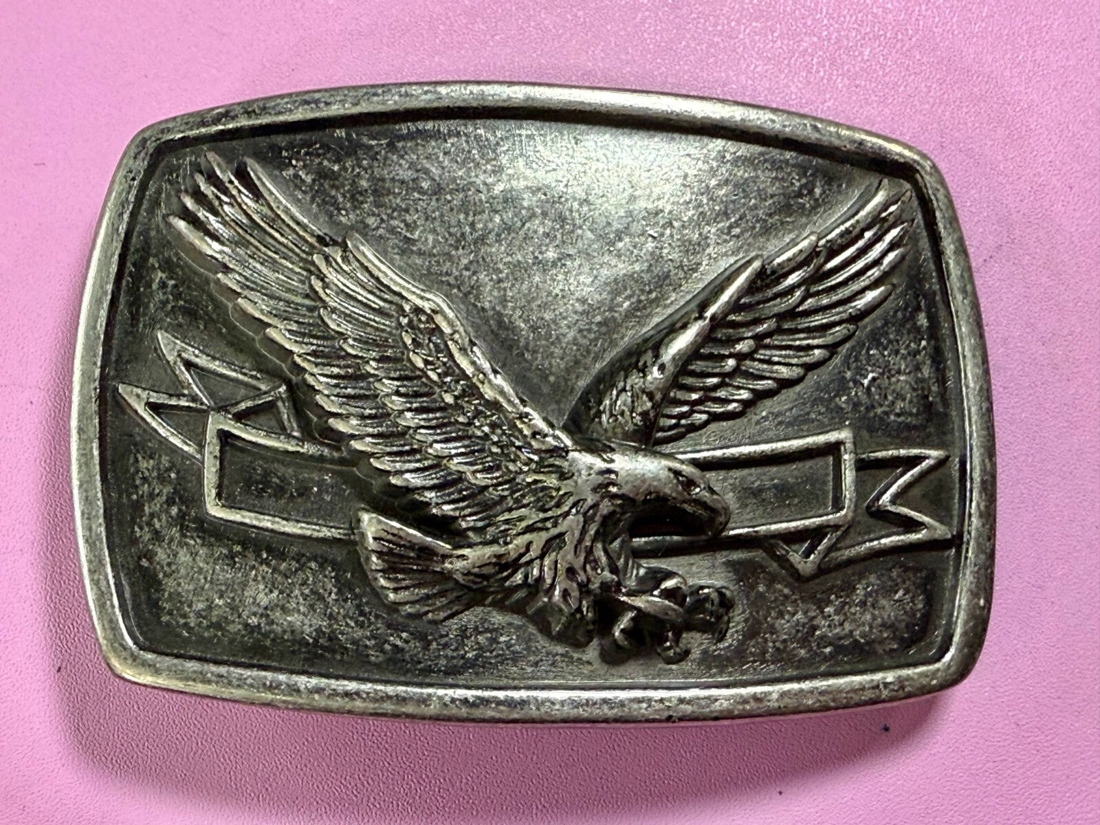 American Bald Eagle Flying Diving With Award Ribbon Vintage Belt Buckle