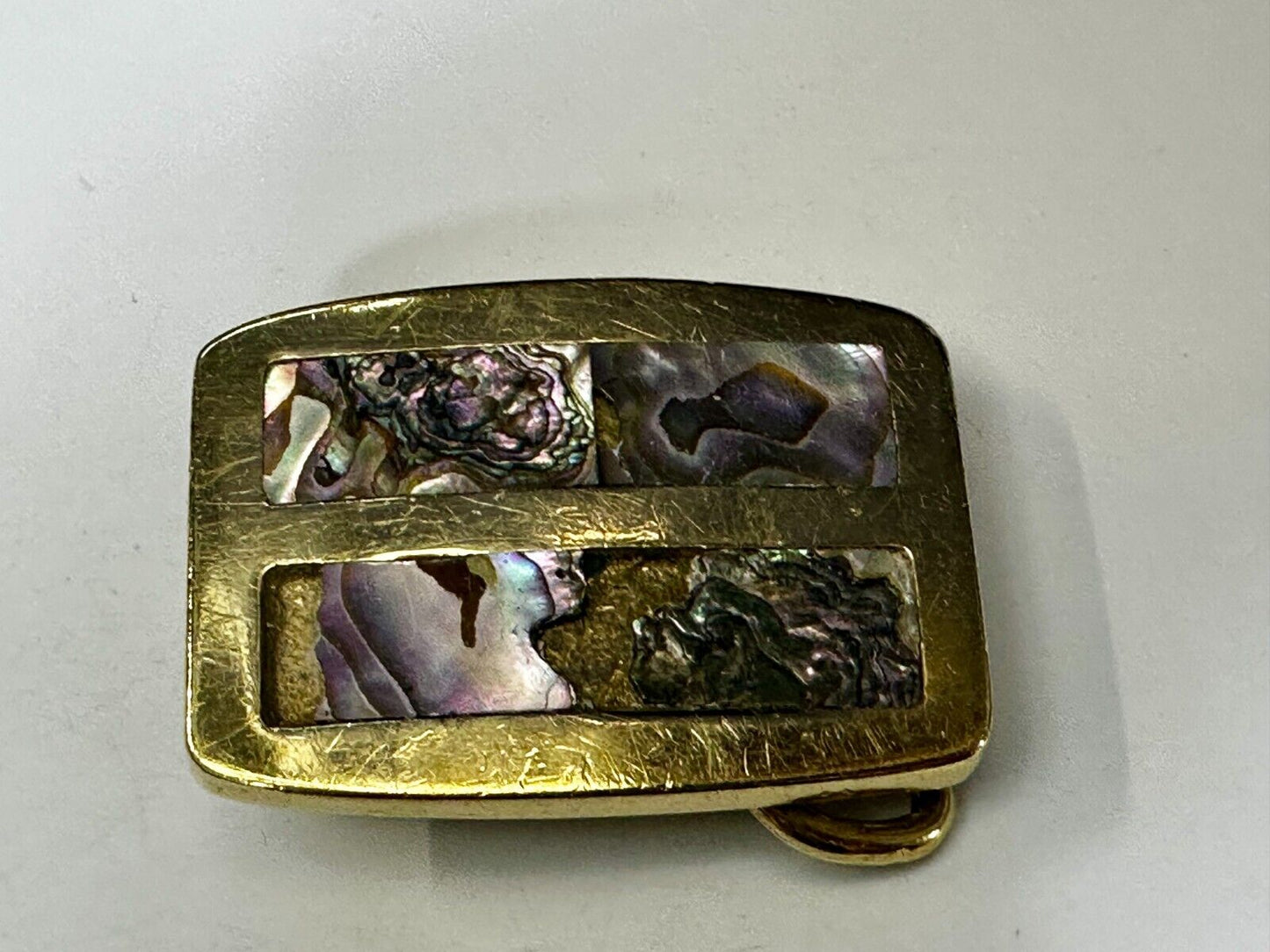 Alabone Shell  Inlay Hippy Boho Style Small Solid Brass Belt Buckle