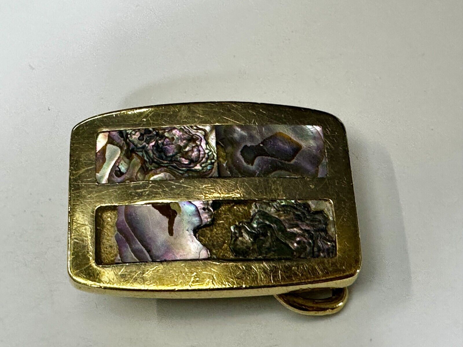 Alabone Shell  Inlay Hippy Boho Style Small Solid Brass Belt Buckle