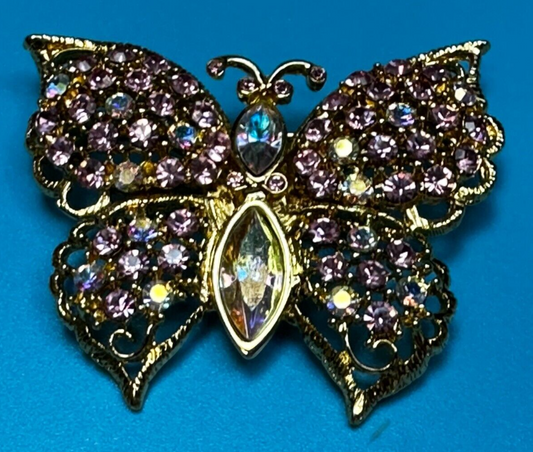 Aurora Borealis Butterfly Jeweled Insect Figural Brooch Pin Signed By Graziano