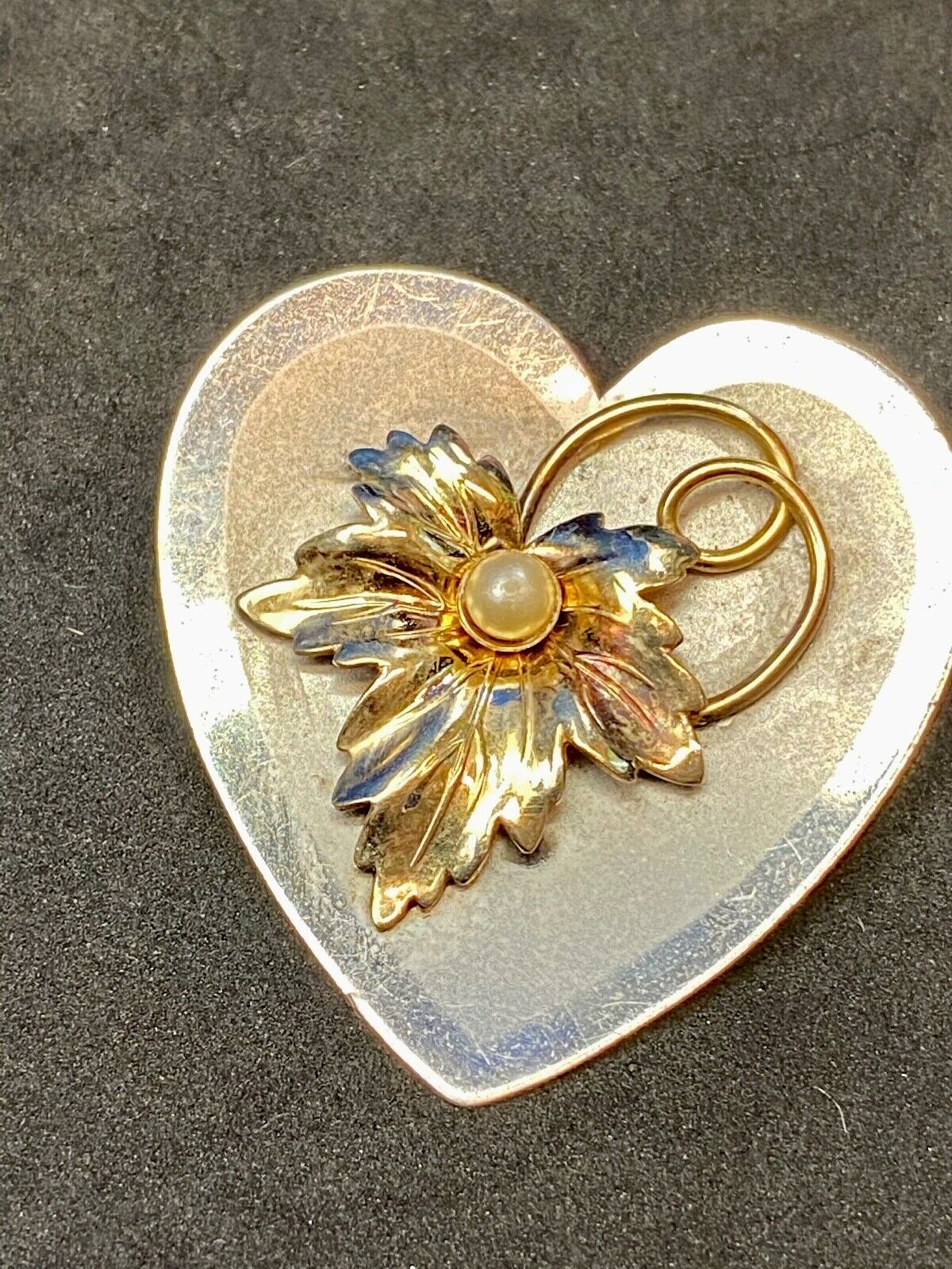 Vintage Heart Shaped Sterling Silver 925 Brooch Pin with Leaf and Pearl 12K GP