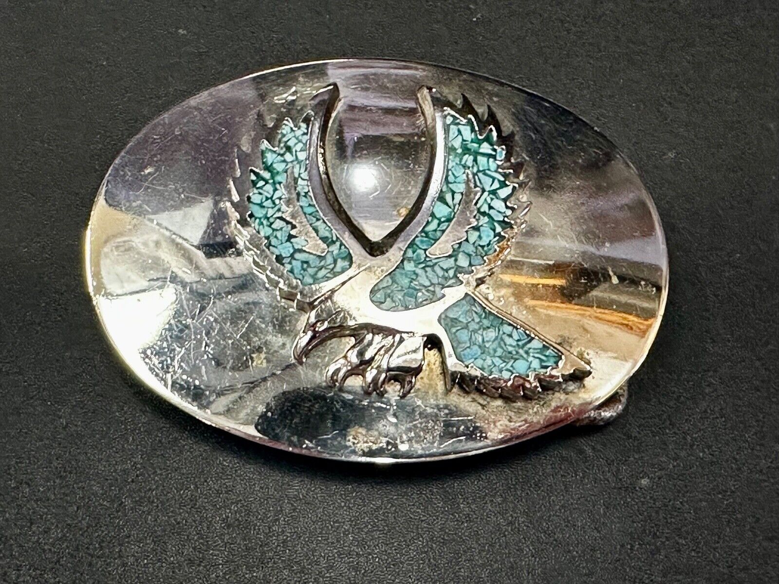 Turquoise Chip inlaid Flying Hunting Diving Patriotic American Eagle Belt Buckle