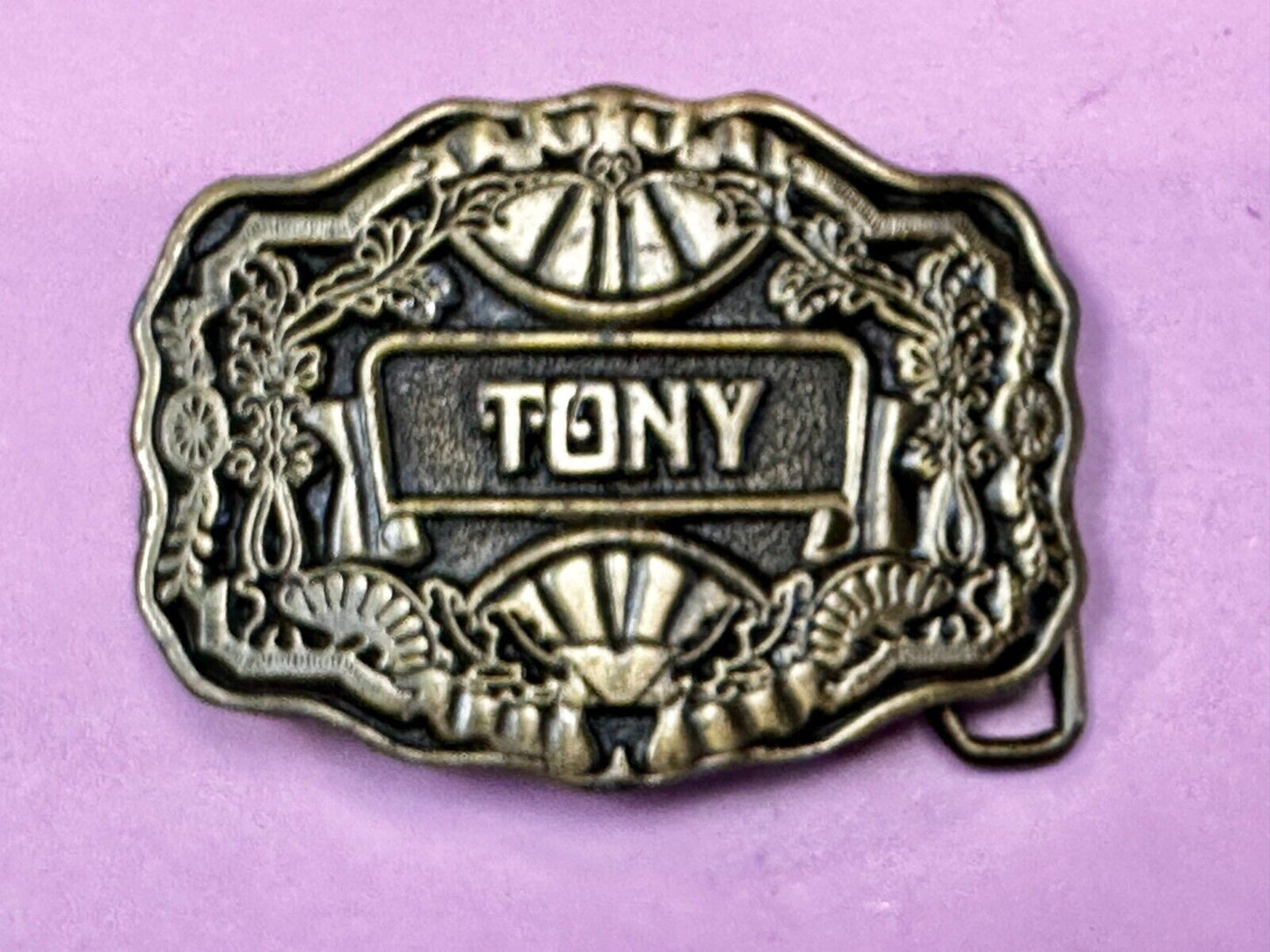 Tony Custom Name Western Framed  Flower Swirl Belt Buckle by ODEN Inc.