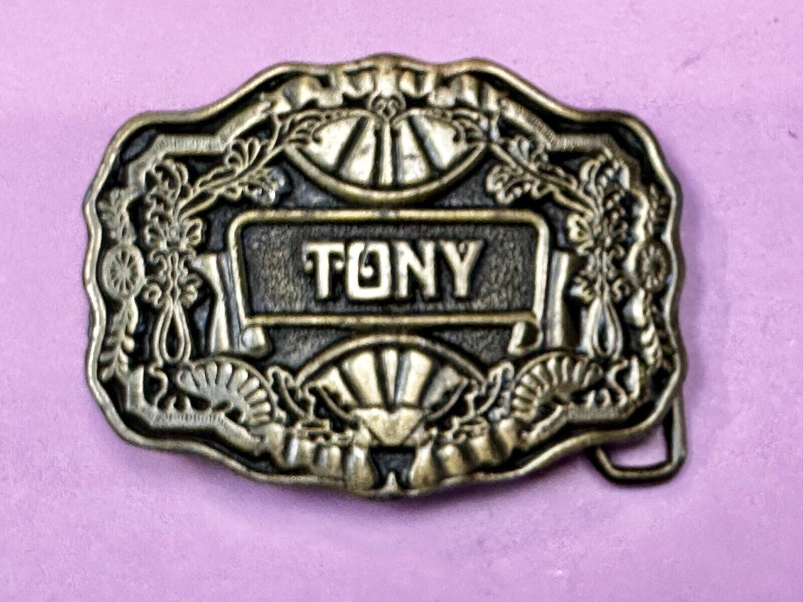 Tony Custom Name Western Framed  Flower Swirl Belt Buckle by ODEN Inc.
