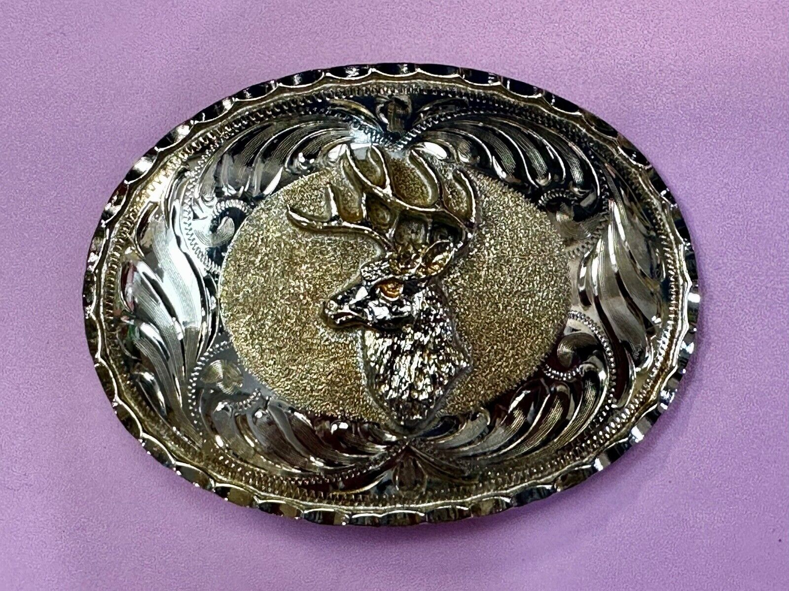 Unique Deer  Buck Elk - Ornate Alpaca Mexico Made Vintage Belt Buckle