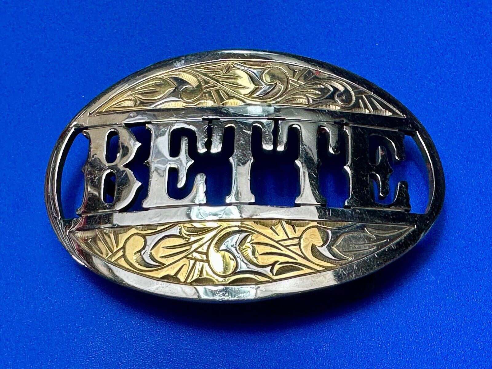 BETTE - custom name on western two tone cutout see through vintage belt buckle
