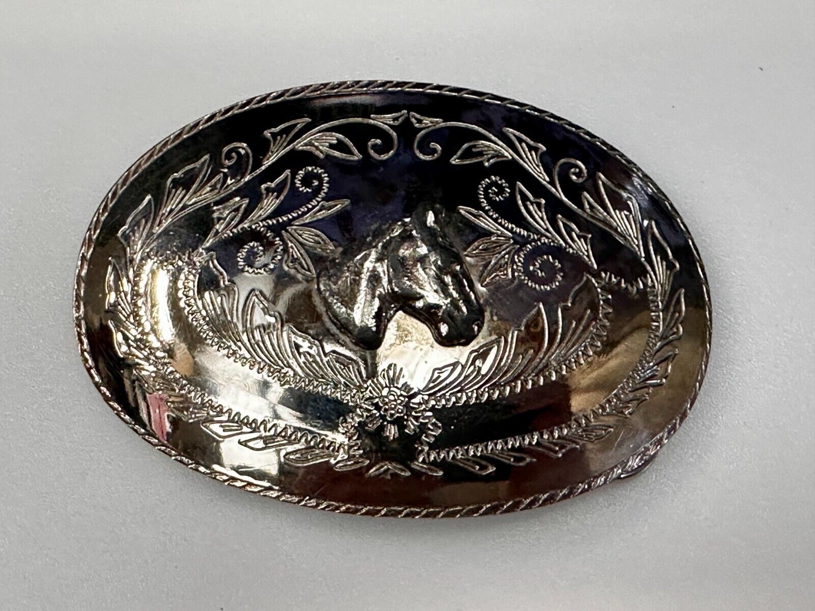 Vintage Horse Head Rodeo Flower Swirl Silver Tone Belt Buckle
