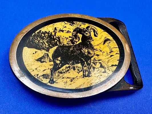Bighorn Ram Mountain Goat Wildlife Scene Vintage Tech Ether Guild Belt Buckle
