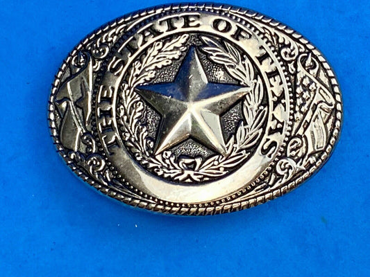THE GREAT STATE OF TEXAS Star Black and Silver color flower swirl belt buckle 