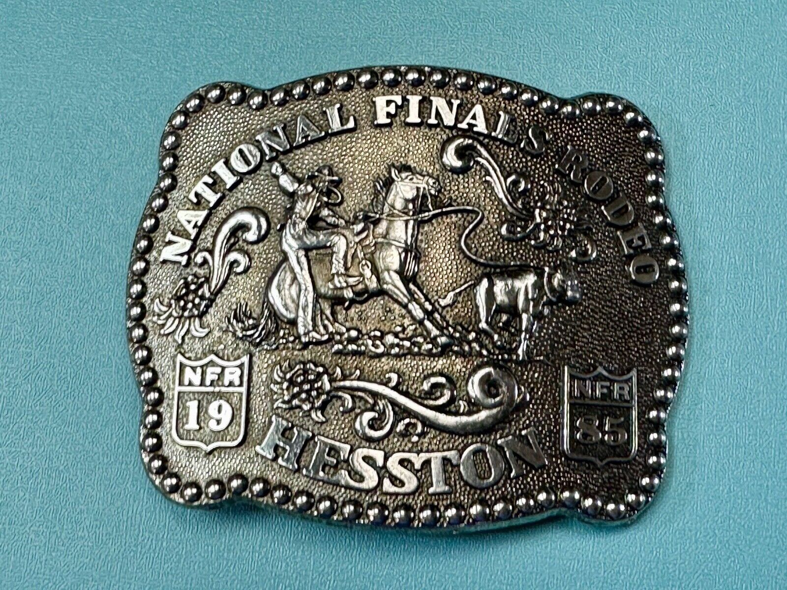 1985 NFR Rodeo Vintage Hesston Belt Buckle Steer Wrestling Cowboy