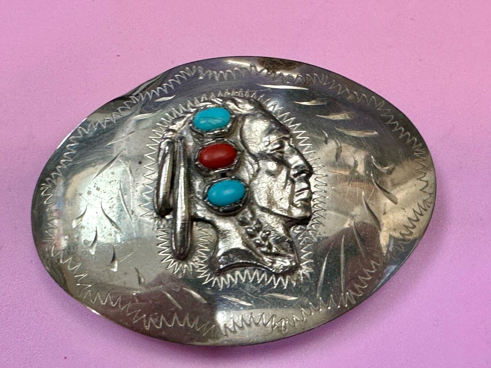 Artisan Native American Indian Bust Belt Buckle  Faux Turquoise & coral accents