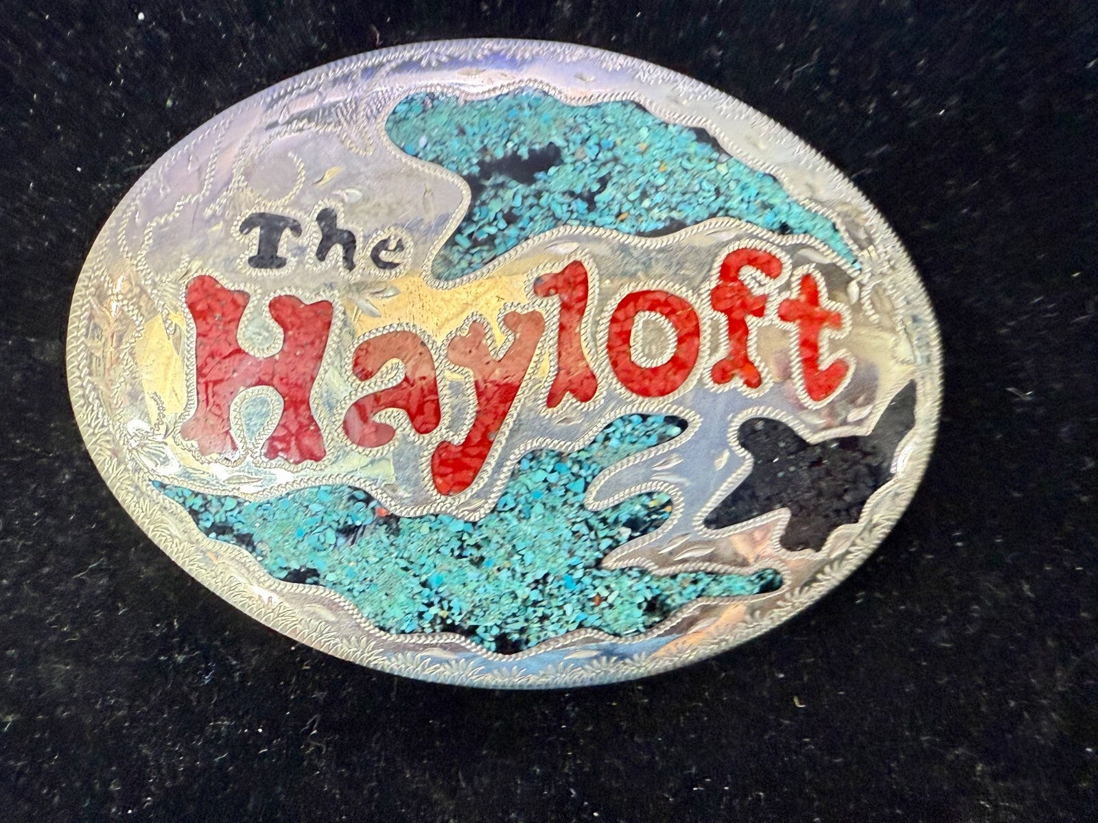 The Hayloft Large Turquoise Inlaid Champion's Choice Silver Belt Buckle CCS&S