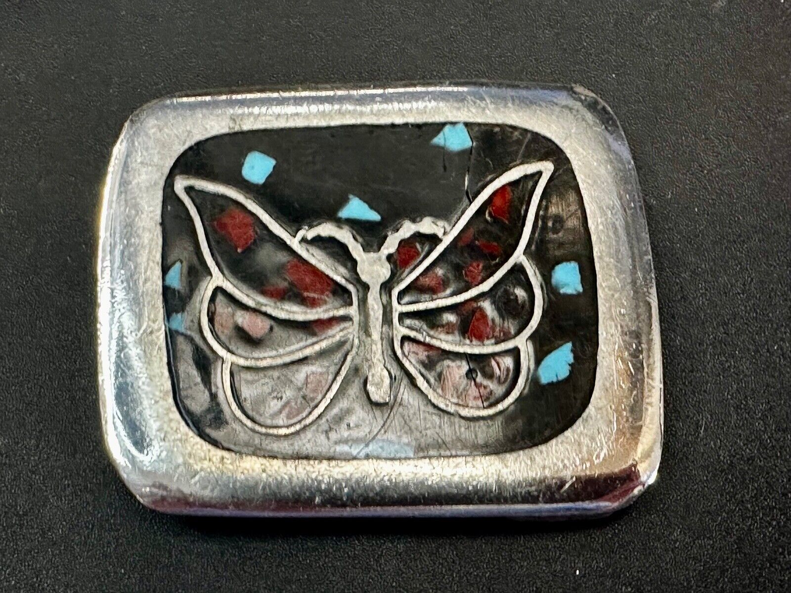 Artisan Butterfly in resin with Turquoise and coral colored chips Belt Buckle