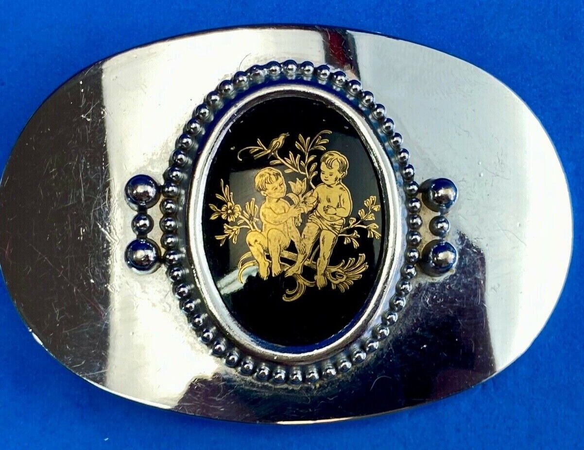 Antique? Mirrored belt buckle centerpiece picture of Adorable Kids w/ flowers 