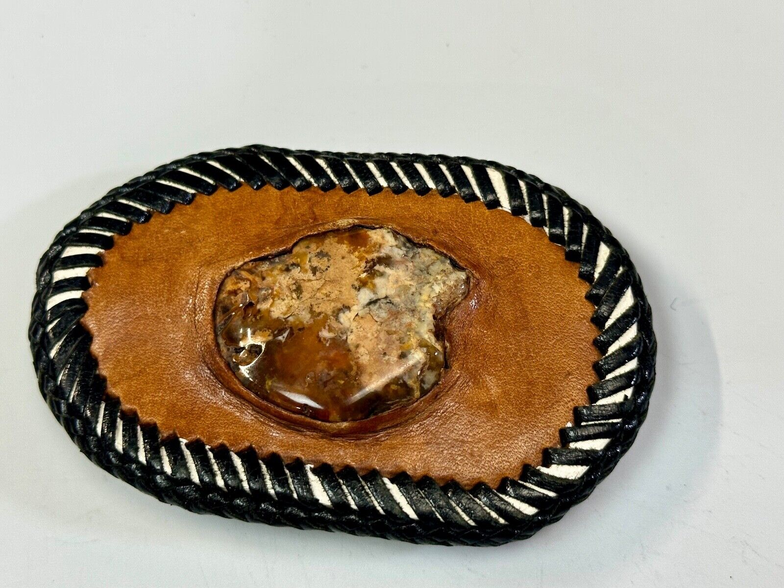 Vintage leather & stone? hand stitched belt buckle