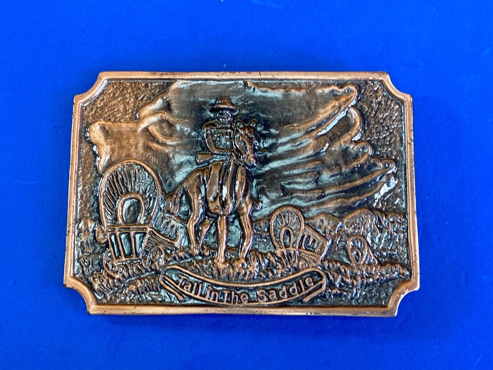 Tall In The Saddle Western Rodeo Cowboy On Trail With Covered Wagon Belt Buckle 