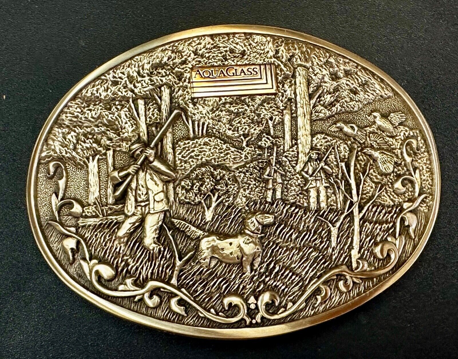 AQUAGLASS  10k Gold Emblem Hunting Dog OC Tanner Solid Brass Belt Buckle in case