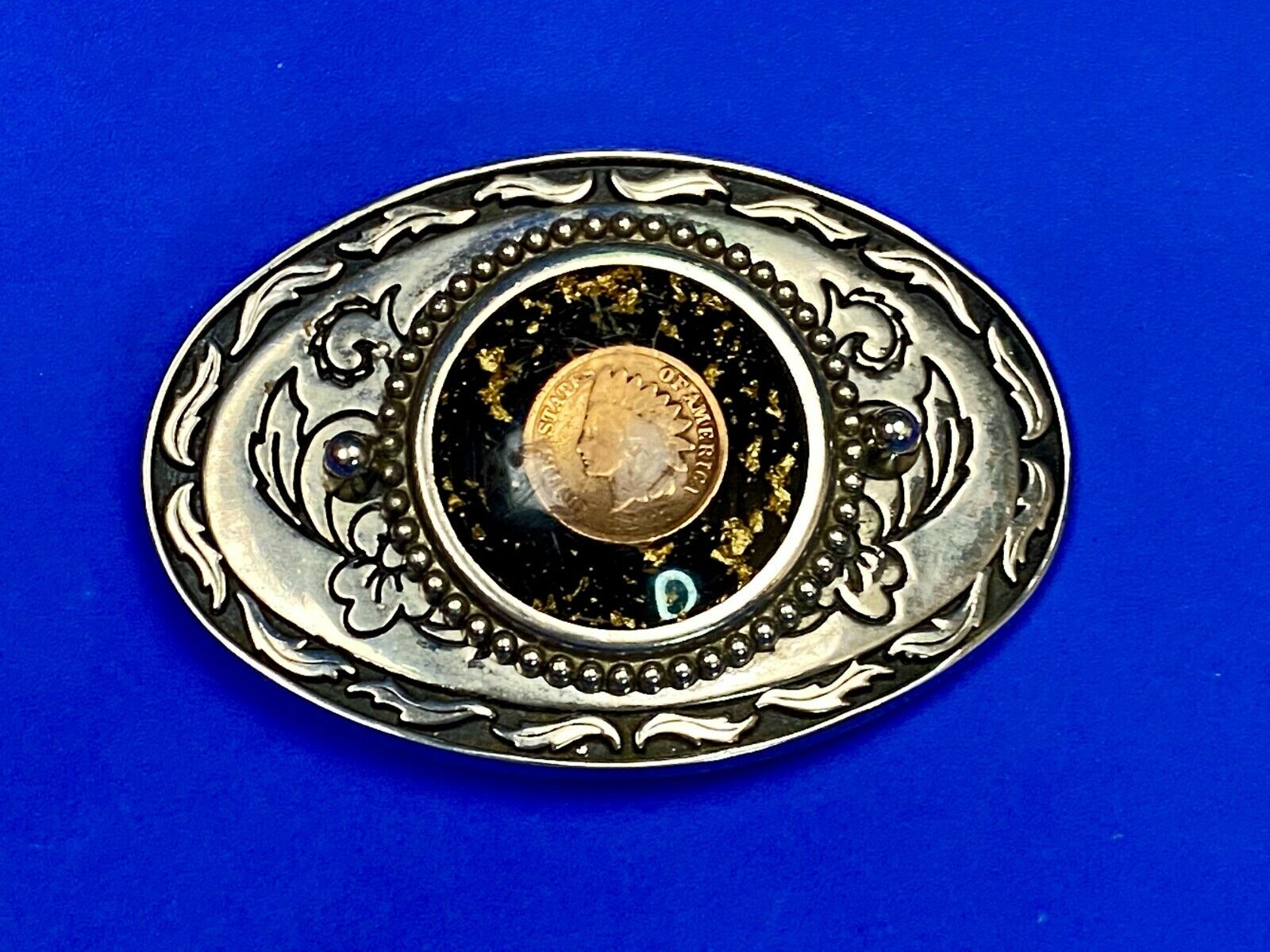 1887 Indian Head Penny Enclosed In Ornate Western Oval Belt Buckle