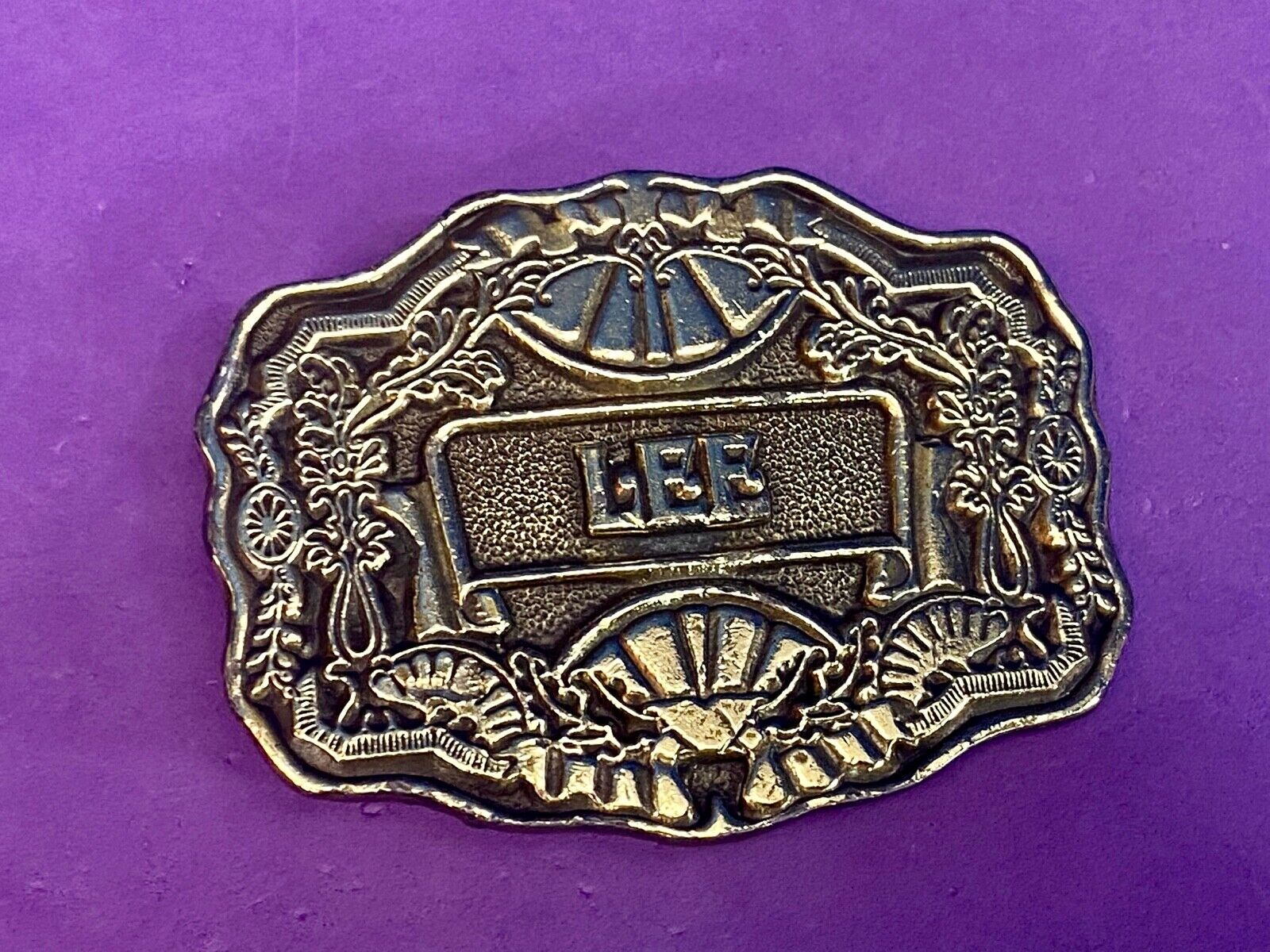 Vintage 1970'S Name Lee Western Framed Flower Swirl Belt Buckle By Oden