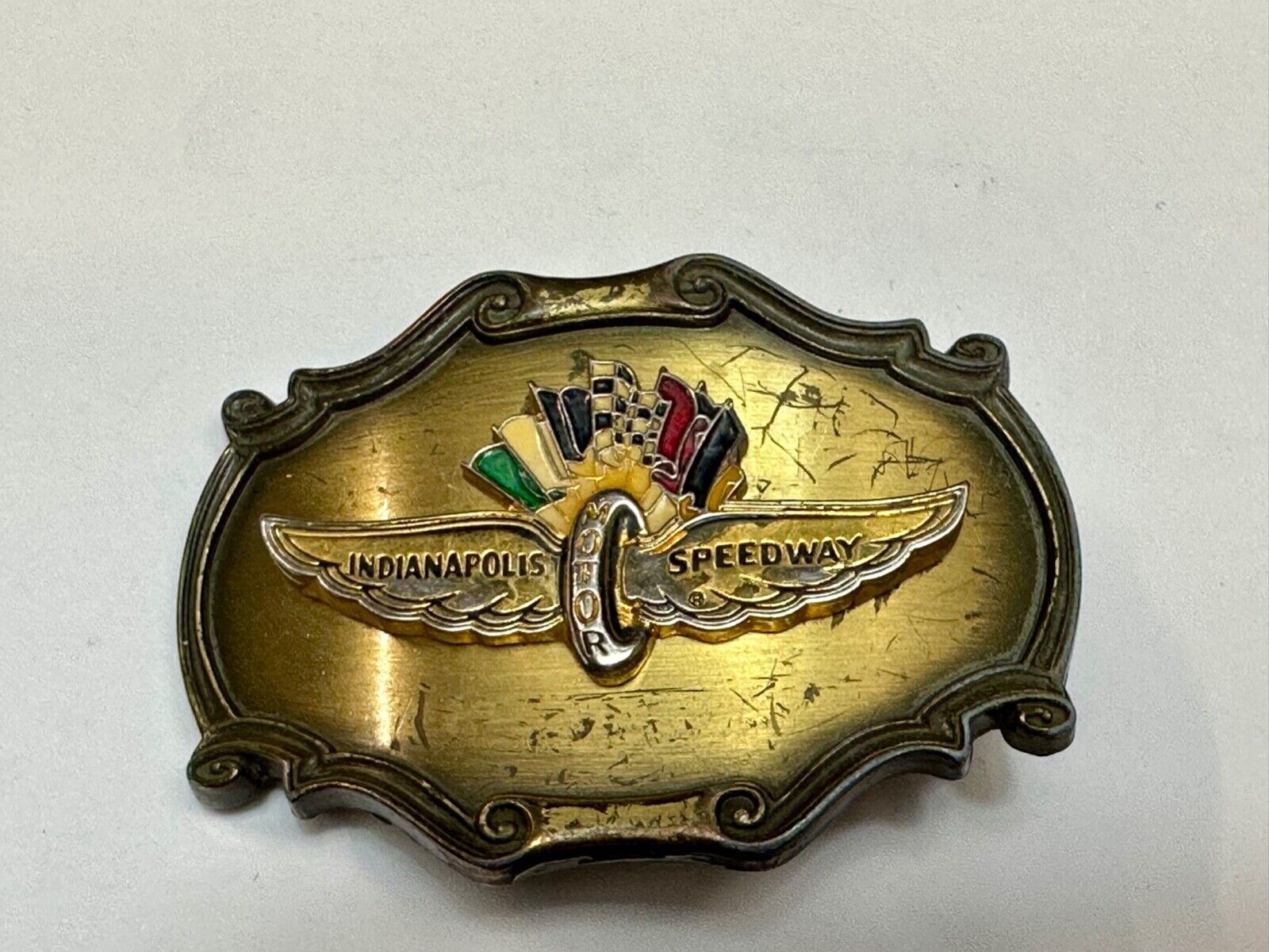 Vintage Indianapolis 500 speedway western framed belt buckle by Raintree