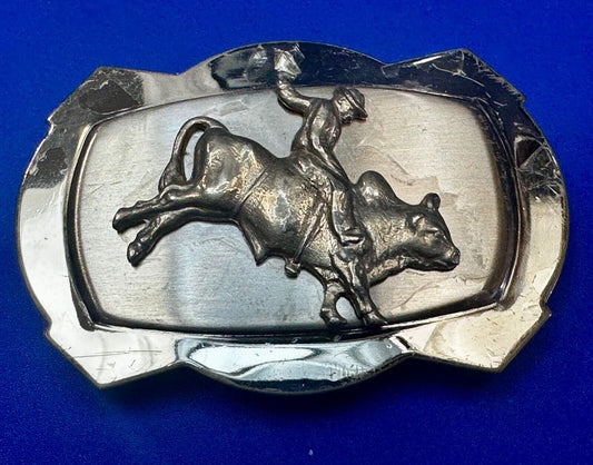 Vintage Cowboy Saddle Bronc on reflective two tone western belt buckle