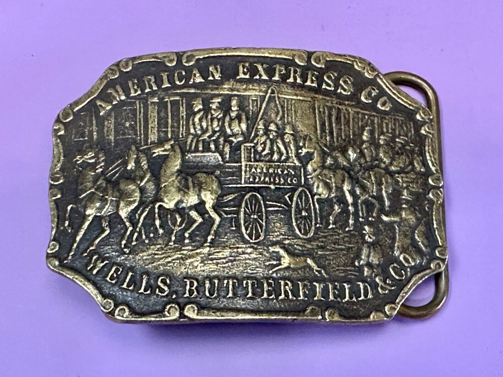 American Express Wells Butterfield stagecoach belt buckle - see back!